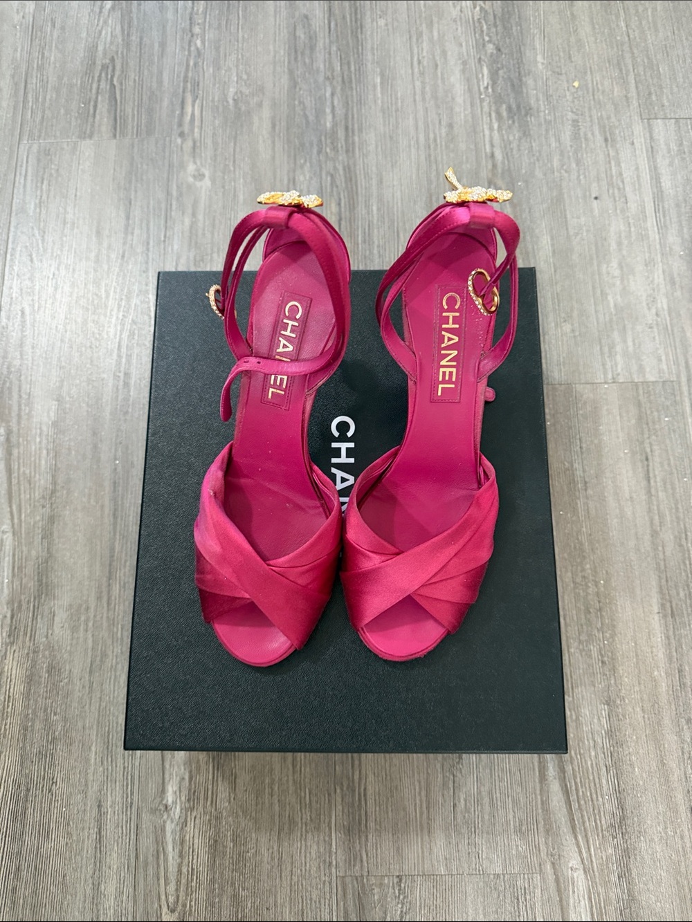 CHANEL Fuchsia Satin Crisscross Ankle-Strap Heels with Gold Buckle